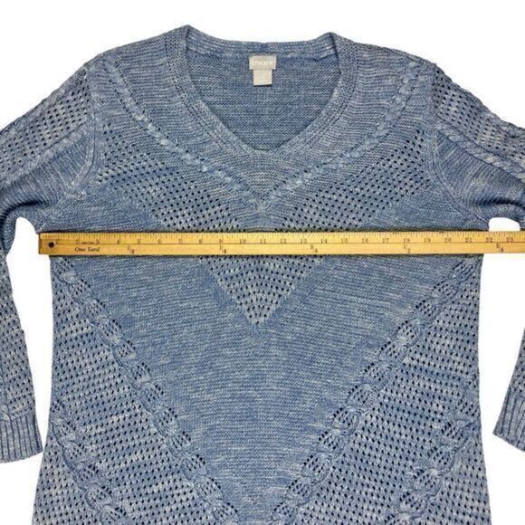 Chico's Textured Open Knit V-Neck Sweater Women L Blue Classic Oversize Pullover - Picture 12 of 16